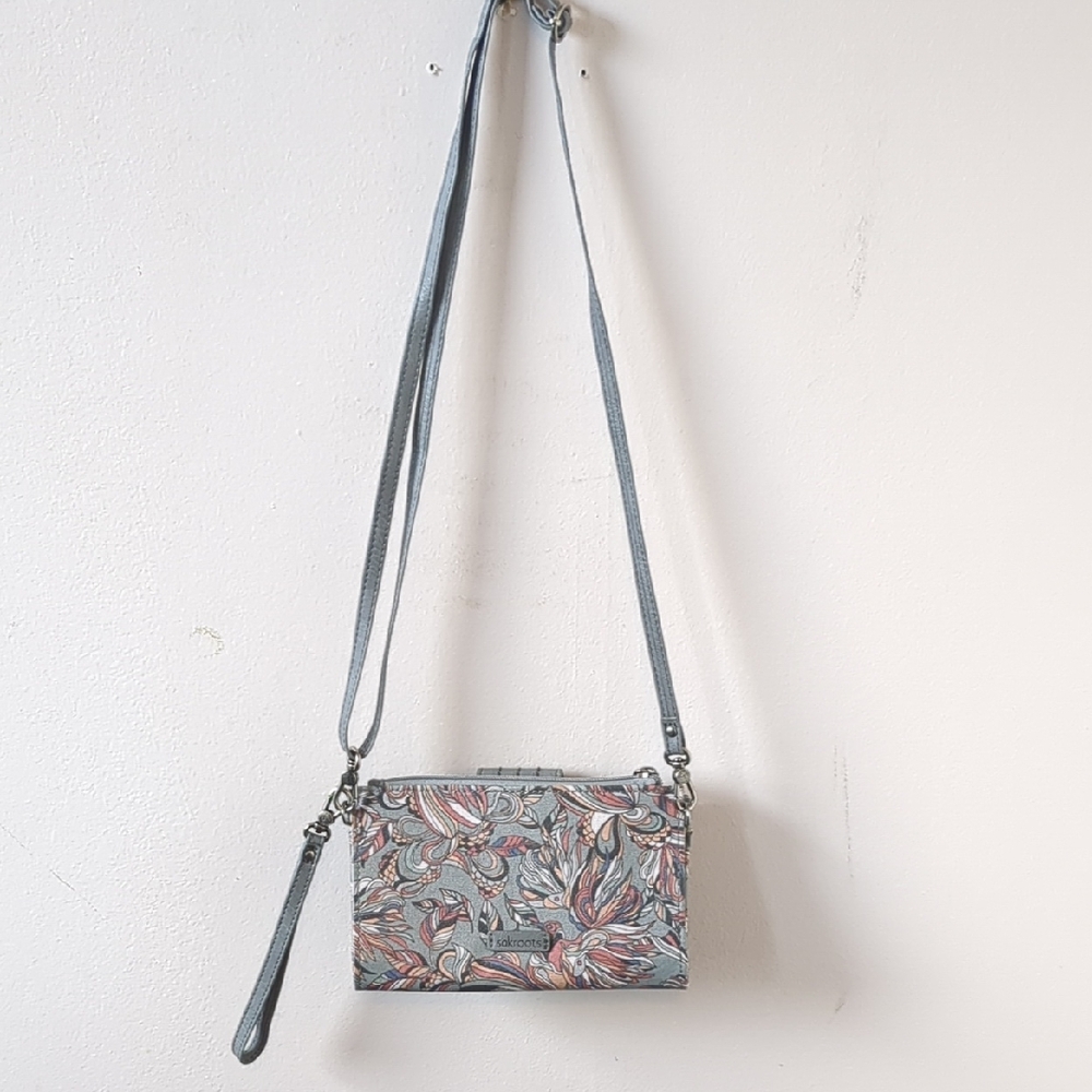 Sakroots Blue Floral Leaf-Print Crossbody with Wristlet